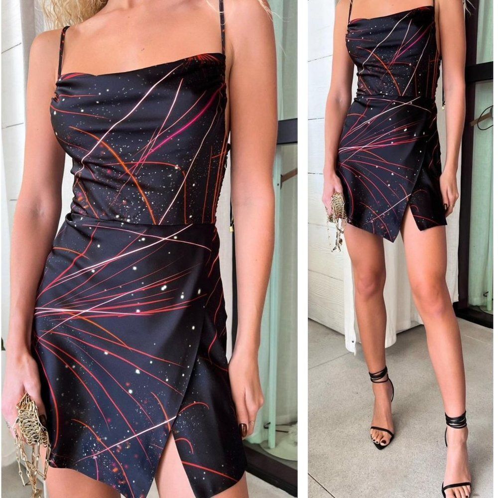 RETROFETE Ariella Black Fireworks Printed Spaghetti Strap Mini Dress Siz…